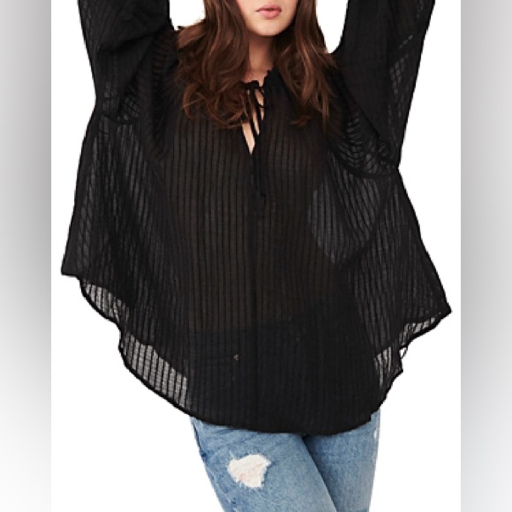 Free People Out of Town Black Sheer Textured Peasant Blouse Size Small